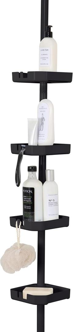 Bath Bliss 4 Tier Aluminum Tension Corner Shower Organizer Caddy in Matte Black, Expands 4 to 8.4 feet