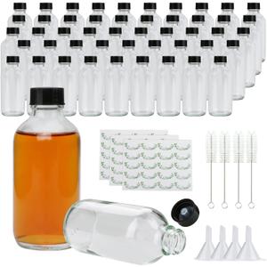 Small Clear Glass Bottles with Lids, 4 oz Glass Containers with Labels, Funnels and Brushes, Round Sample Bottles for Juice, Oils, Ginger Shots, Whiskey, Liquids, 50 Pack