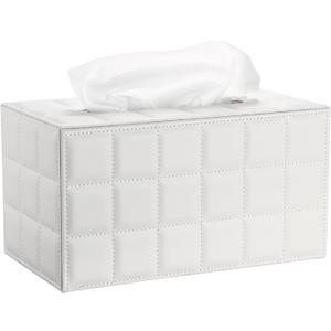 Sumnacon Tissue Box Cover Rectangle Leather Tissue Box with Magnetic Bottom,PU Tissue Box Holder Decorative Grid White Tissue Cover for Bathroom Toilet Bedroom Kitchen Office Table Desk, Large