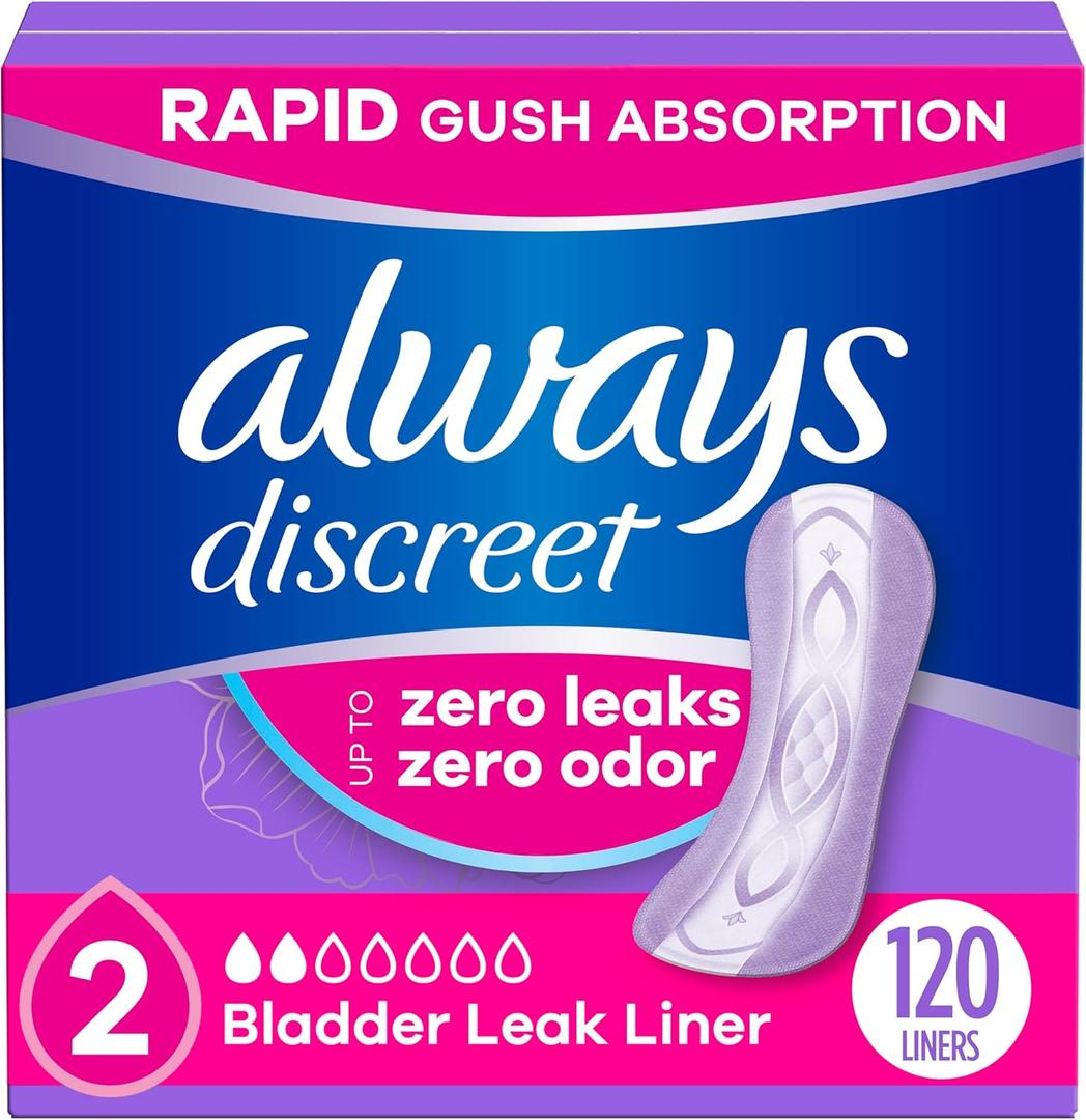 Always Discreet Incontinence Panty Liners for Bladder Leaks, Size 2, Very Light Absorbency, 120 Count