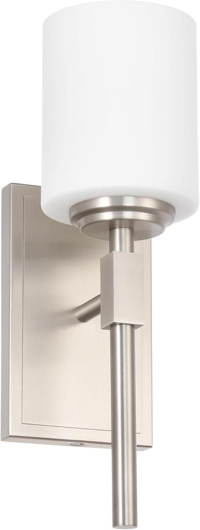 Wall Sconce Light, Stylish Sconces Wall Lighting in Brushed Nickel, Transitional 1 Light Bathroom Vanity Lighting with Opal Glass Shade, Wall Light for Bedroom Bathroom Living Room Entryway Hallway (1-Light, Brushed Nickel)
