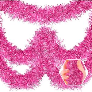 25 Feet Christmas Foil Fringe Banner Metallic Tassle Garland Metallic Backdrop Parade Floats Shiny Hanging Ceiling, Valentine's, Wedding, New Year Party Decorations(4" x 25', Pink)