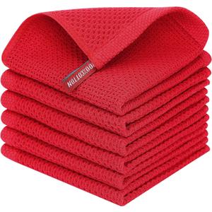 Homaxy 100% Cotton Waffle Weave Kitchen Dish Cloths, Ultra Soft Absorbent Quick Drying Dish Towels, 12 x 12 Inches, 6-Pack, Red