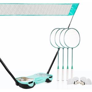 EasyGo Badminton Set, with Net, 4 Racket, 4 Birdies, Portable Storage Box, for Backyards, Outdoor Games