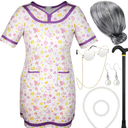 Yaomiao 8 Pcs 100th Day of School Girl's Old Lady Costume for Kids Cosplay Granny Wig Glasses Pearl Necklace Bracelet Size M