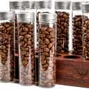 Single Dose Coffee Bean Storage Tubes Coffee Bean Cellar 10 Pcs Dosing Glass Vials With Lids (2 Oz) Wooden Display Stand And Funnel