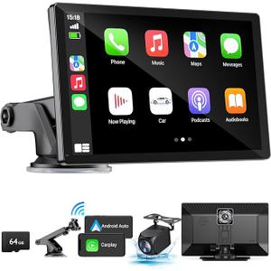 9" Wireless Apple Carplay Screen for Car with 4K Dash Cam, Portable Apple Carplay & Android Auto with 1080p Backup Camera DVR, Voice Control/GPS Navigation/Mirror Link/BT
