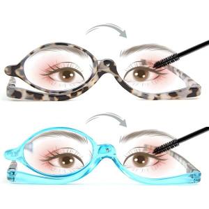 2 Pairs Makeup Reading Glasses for Women, Magnifying Flip Down Cosmetic Readers, Make Up Glasses with Spring Hinge (Blue & Demi)