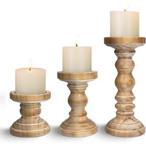 Candle Holder for Pillar Candle Set of 3, Farmhouse Wood Candle Holder, Rustic Wooden Candle Stand, Vintage Tall Candle Stand Decorative for Living Room, Table Centerpiece,Brown (Medium)