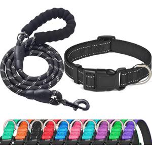 Ladoogo Reflective Dog Collar Padded with Soft Neoprene Breathable Adjustable Nylon Dog Collars for Small Medium Large Dogs (Medium (Pack of 1), Black Collar+Leash)