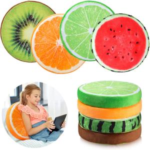 Coume 4 Pcs 15.7 Inch Fruit Pillows Round Floor Cushions 3D Watermelon Kiwi Lemon Orange Decorative Stuffed Throw Pillows Chair Toy Seat Floor Seat Cushions for Kids Couch Sofa Classroom