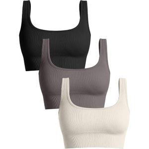 OQQ Women's 3 Piece Medium Support Tank Top Ribbed Seamless Removable Cups Workout Exercise Sport Bra (Black Tea Leaf Beige)