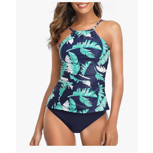 Tempt Me Two Piece Tankini Set Tummy Control Swimsuit for Women High Neck Top with Bottom Bathing Suits Ruched Swimwear,Size Large