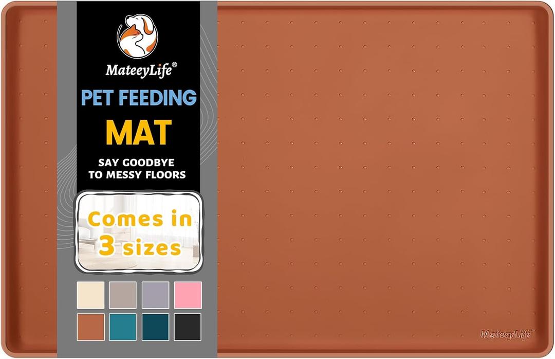 MateeyLife Silicone Cat & Dog Food Mat for Floors Waterproof, Anti-Slip Dog Bowl Mats for Food and Water, Pet Feeding Mats with Lip to Prevent Spills, Pet Placemat for Messy Drinkers to Protect Floors (18''12'', Brown)