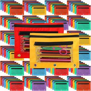 Zhehao 200 Pcs Pencil Pouches for 3 Ring Binder, Bulk Zipper Pencil Pouch Pen Case with Mesh Window Cloth Double Pocket 3 Hole Bag for Storing School Office Supplies (Multicolor)