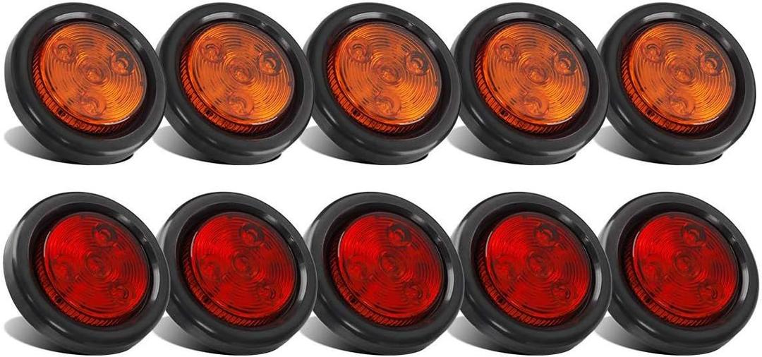 Partsam 10 Pack (5 Amber + 5 Red) 2" 4LED Round Trailer Side Marker Light Grommet Flush Mount, [DOT Approved] Sealed 2 inch Clearance Lights with Reflex Lens for Truck RV Camper, IP67 Waterproof, 12V