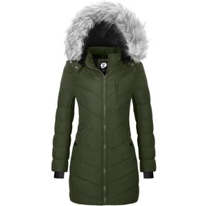 Women's Quilted Puffer Jacket Removable Faux Fur Hooded Long Puffer Coat Lightweight Full-Zip Puffer Jacket (B-army Green(fleece Lining)) M