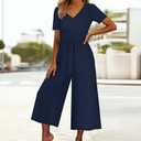 Women Dressy Casual Jumpsuits Elegant High Waist With Pockets Romper Summer Short Sleeves Wide Leg Pants (Blue), XX-Large