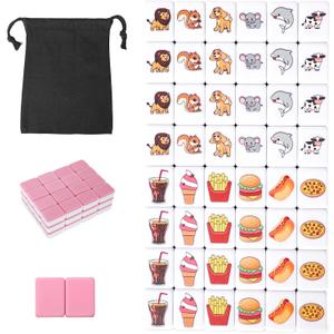 GRACIAS 2 Players Mahjong Block Set, Mahjong Tile Game with 50 Premium Pink Tiles(30mm) Animal and Food Pattern, Portable Mahjongg Set with A Carry Bag