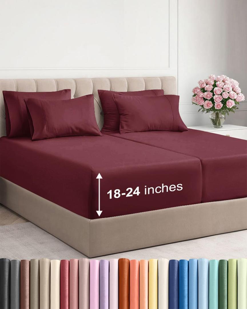 Extra Deep Split King Sheet Set - 7 Piece Breathable and Cooling Sheets - Hotel Luxury Bedding for Women, Men, Kids & Teens - Easy & Secure Fit - Soft and Wrinkle Free - Extra Deep Pockets - Burgundy