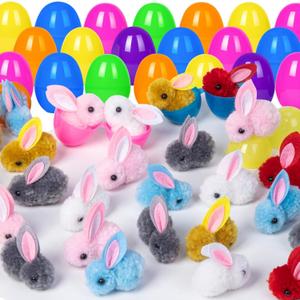 HIKISS 12 Pack Easter Eggs Filled Plush Bunny Toys, Mini Colorful Bunny Egg Fillers for Kids Toddler Boys Girls Easter Egg Hunt Classroom Prize Supplies Basket Stuffers Easter Party Favors