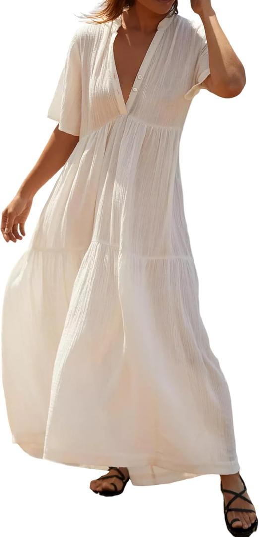 R.Vivimos Womens Summer Cotton Flowy Maxi Dress Short Sleeve V Neck Empire Waist Boho Tiered Ruffle Casual Loose Long Dresses (Medium, White)