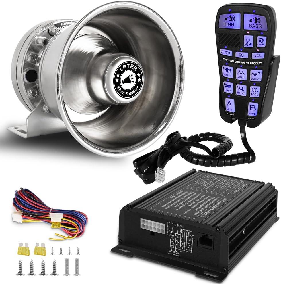 Upgrade 250W Emergency Police Siren Speaker Multi-Tones Slim PA System Sirens with Handheld Controller & Mic Microphone Warning Electronic Alarm Sounds Horn Kit for Tow Truck Vehicles Car Pickup