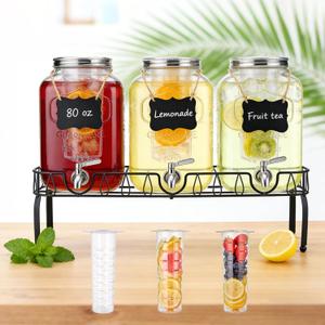 3-Pack 2 Gallon Glass Drink Dispensers with Stand, Stainless Steel Spout & Fruit Infuser for Parties, BBQs, Iced Tea, Lemonade & More
