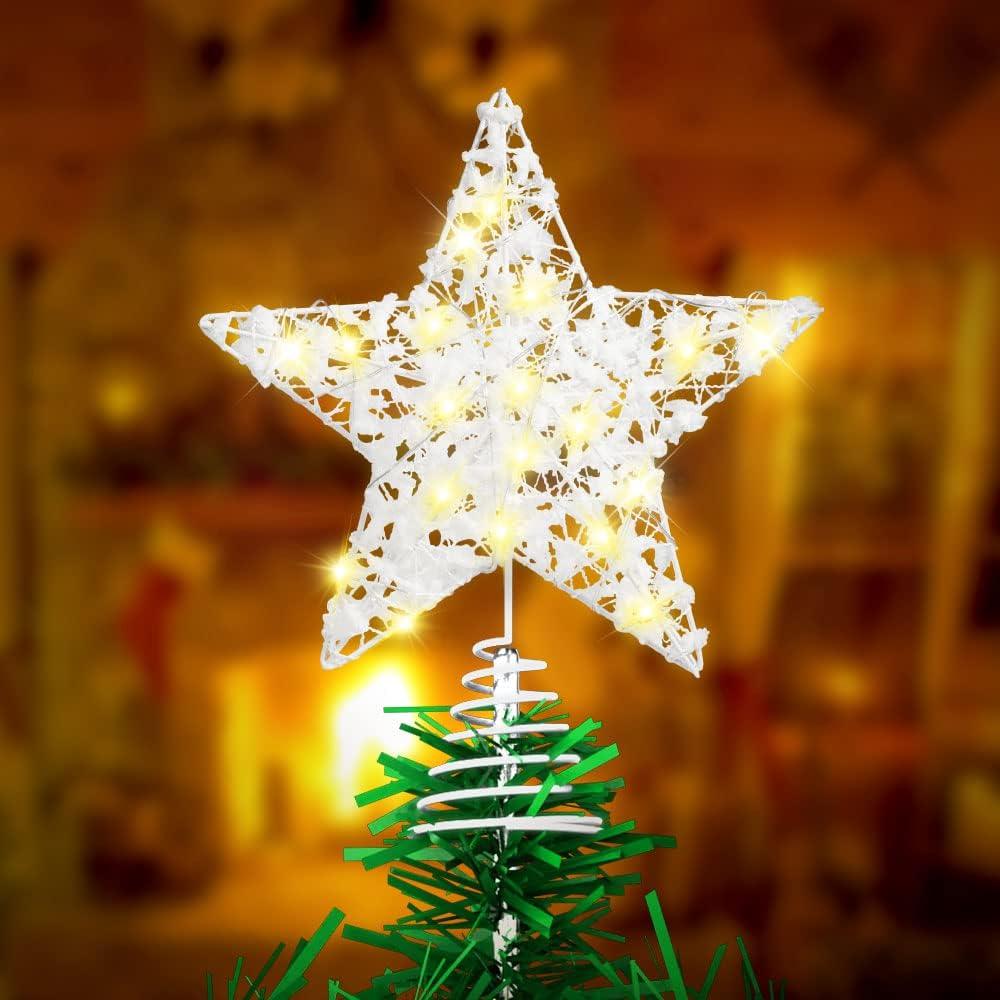 Christmas Tree Topper 20 LED Lights Star Two ModesSolid and Blinking Christmas Decoration Christmas Tree Ornaments for 3-10 Feet Christmas Tree (Standard White Snowflake)