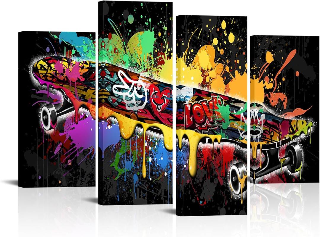KLVOS 4 Pieces Sport Canvas Wall Art Skateboard Graffiti Picture Street Style Cool Skateboarding Painting Artwork Ready to Hang for Bedroom Boys Room Decor