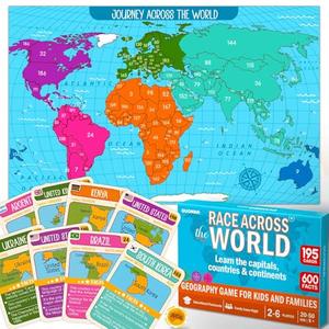 QUOKKA Board Games for Kids 8-12 - Family Games for Kids and Adults - Journey Across The World Card Game Ages 5-9 - Learn Capitals, Flags, Facts, and Map Locations with 195 World Map Cards