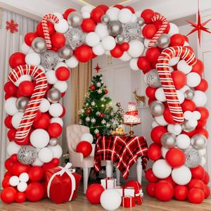 CboDeco Christmas Balloon Garland Arch Kit, Red White Silver Balloons, Gift Box Foil Balloon, Cane Foil Balloons, Perfect for Christmas and New Year Party Decorations