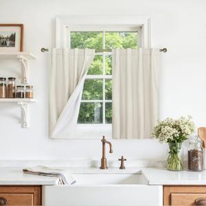LAMIT Full Blackout Linen Kitchen Window Curtains, 36 Inches Back Tab and Rod Pocket Drapes for Bathroom Basement, Privacy Protected Neutral Panels with White Liner, 2 Panels, 29 x 36 Inch, Ivory