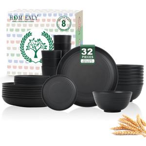 Homienly Wheat Straw Plates and Bowls Sets, Dishes Set for 8, Wheat Straw Dinnerware Set for Kitchen 32-Piece - Deep Plates Sets, Cereal Bowls with Drinking Cups, Microwave and Dishwasher Safe, Black