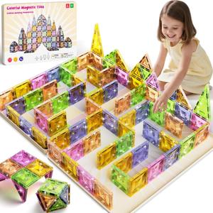 Magnetic Tiles for Kids Ages 4-8, Holiday Building Set with Diamond Surface & Metal Storage Box, 60PCS STEM Learning Toys, Educational Building Gifts for 3-8 Year Olds