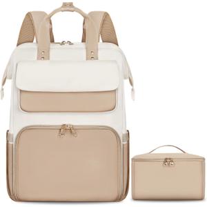 BERTASCHE Lunch Backpack for Women, 15.6 Inch Laptop Backpack with Insulated Cooler Lunch box, Nurse Backpack for Teacher Work Travel College Picnic, Khaki-Beige