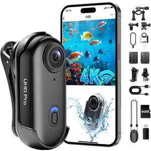 4K Action Camera, Wearable Body Camera with 64GB, Hands-Free Recording WiFi POV Camera with Waterproof Case, Back clip, Thumb Size Sports Cam Portable Camcorder for Cycling, Hiking, Fishing, Vlogging