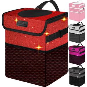 Car Trash Can, Cute Mini Trash Bag With Lid, Glitter Garbage Bin Hanging for Back/Front Seat/Console, Waterproof, Leakproof, 2.5 Gallon, Red Bling Sparkly