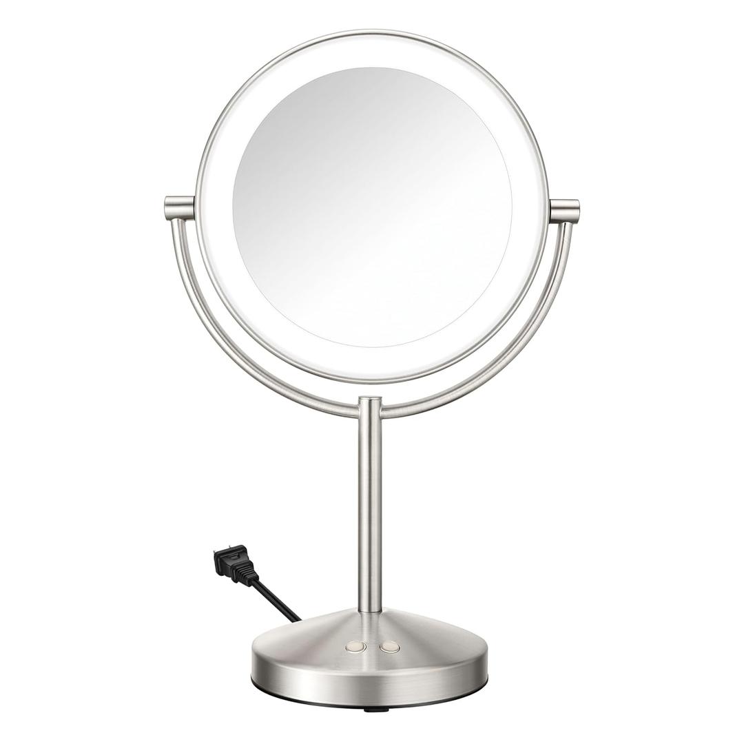 Conair Lighted Makeup Mirror, Double-Sided LED Vanity Mirror with 1X/10X Magnification, 3 Light Settings, 3 Modes, 360 Rotation, Satin Nickel Finish