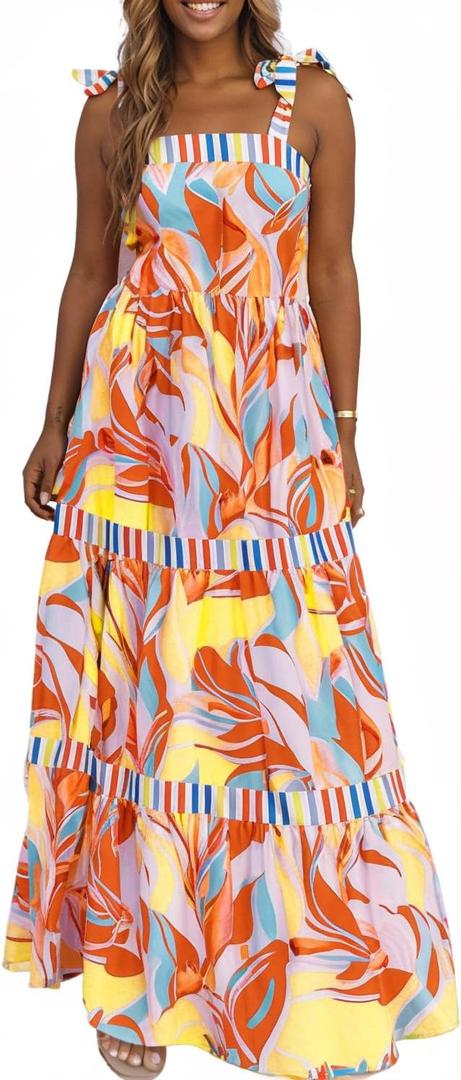 AlvaQ Women's 2025 Summer Sleeveless Floral Print Maxi Dress Strap Square Neck Beach Sun Dress (L)