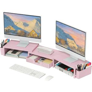 OPNICE Desk Organizers and Accessories, Dual Monitor Stand Riser with Drawer and 2 Pen Holders, Desk Shelf Metal Computer Racks for Office Workspace Organizers, Desktop Organization (Pink Metal), Item dimensions L x W x H 10 x 3 x 16 inches