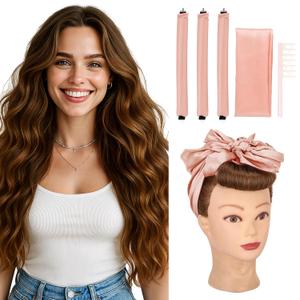 Hairro Heatless Hair Curler Set, 5-in-1 No Heat Overnight Curling Kit for Long Hair, 3 Pack Jumbo Flexi Rods with Satin Scarf & Detangling Comb, Styling Rollers for Easy Waves, Pink Hairro Heatless Hair Curler Set, 5-in-1 No Heat Overnight Curling Kit for Long Hair, 3 Pack Jumbo Flexi Rods with Satin Scarf & Detangling Comb, Styling Rollers for Easy Waves, Pink