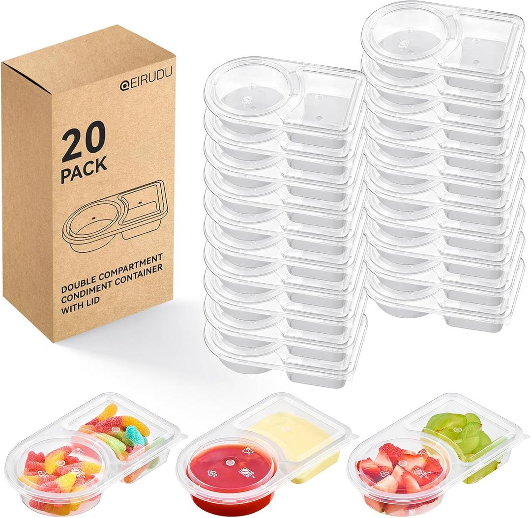 Qeirudu 20 Sets 6 oz Reusable Plastic Snack Containers, Double Compartment Condiment Containers with Lids for Meal Prep, Dipping Sauce, Portion Control, Travel Snack