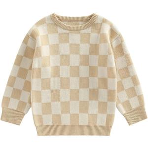 Kuriozud Toddler Baby Boy Girl Sweater Checkerboard Knit Crewneck Sweatshirt Soft Warm Fall Winter Clothes (3-4T, Plaid Beige)