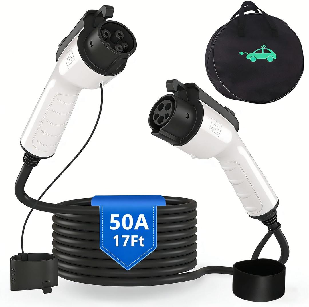 50A 17ft EV Charger Extension Cable, SAE J1772 Compatible with 110V-240V Level 1/Level 2 Chargers, IP67 Waterproof, for J1772 EVs & PHEVs, Includes Carry Bag