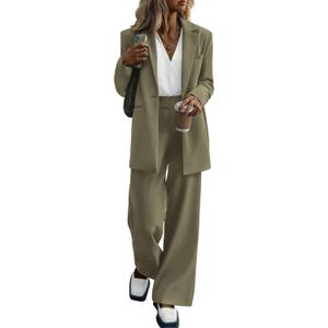 PRETTYGARDEN Women's Fall Two Piece Outfits Dressy Blazer Jacket and Wide Leg Pants Pockets Business Casual Office Suit Sets (Medium, Army Green)