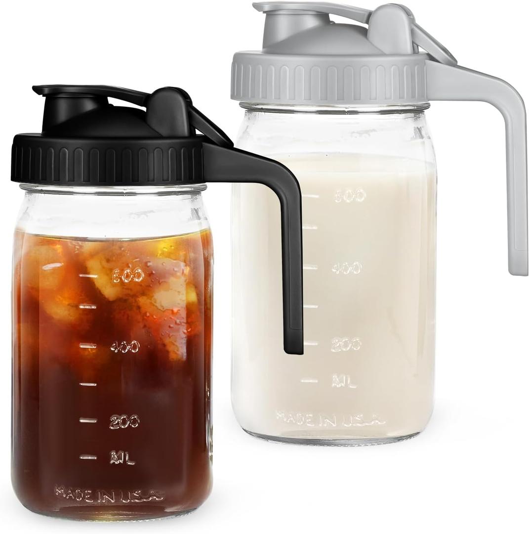 Breast Milk Pitcher Mason Jar - 2Pack Easy Pouring 32oz Airtight Glass Jar with Pour Spout Lid, Classic Wide Mouth Jug Easy to Clean, Ideal for Coffee & Creamer, Iced & Sun Tea, Juices (1 Quart, Black&Grey)