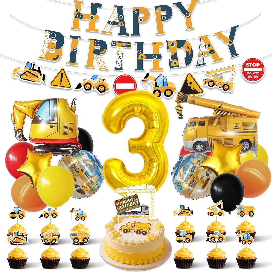 Construction Themed 3rd Birthday Party Supplies Decorations, Includes Banner, Balloons, Cake & Cupcake Toppers for Excavator and Truck 3 Year Old Birthday Party Decorations