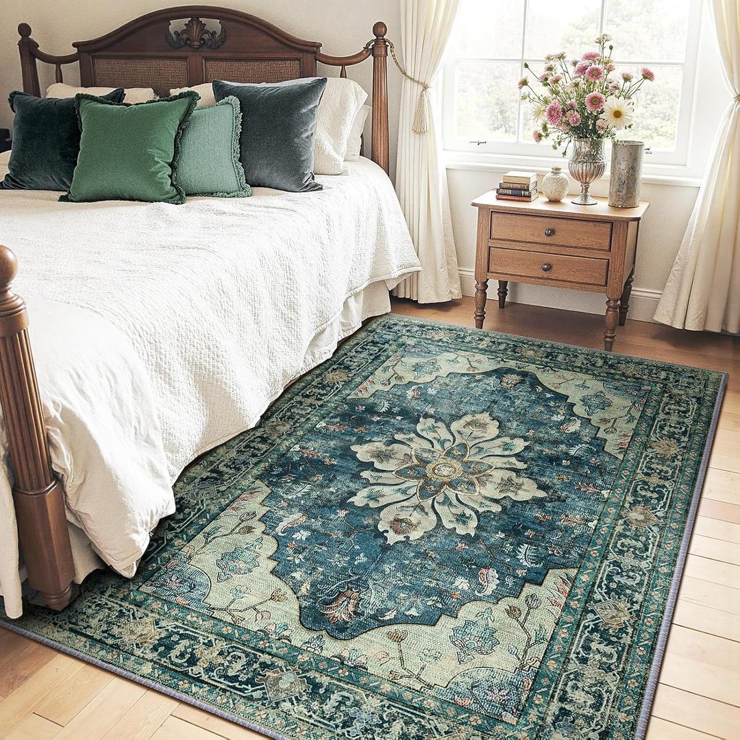 Area Rugs 4'x6' Washable Non-Slip, Floral Vintage Distress Print Pattern Medallion Carpet for Living Room Bedroom Dining Room, Dark Blue Vintage