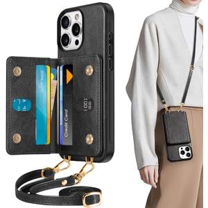 TUCCH Adjustable Crossbody Wallet Case for iPhone 16 Pro Max (6.9"), RFID Blocking [6 Card Slots][Detachable Lanyard], Magnetic Flip Wallet PU Leather Phone Cover for iPhone 16 Pro Max, Textured Black